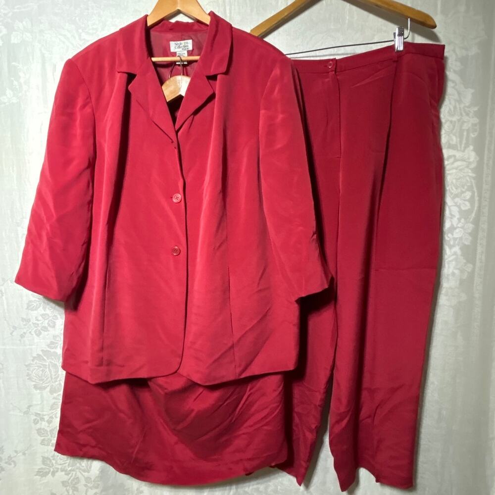 Vtg 3 Pc 100% Silk Suit 24W Red Blazer Jacket Pants Midi Skirt Jacket